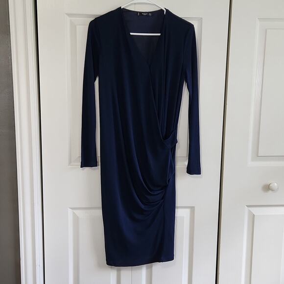 Mango Navy Blue Faux Wrap Dress Size 4 Midi Academia Long Sleeve Business - Picture 1 of 10
